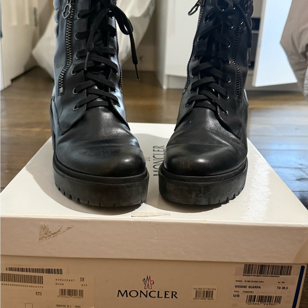 Moncler Black Leather Lug-Platform Combat Boots with Side Zip - Picture 4 of 5